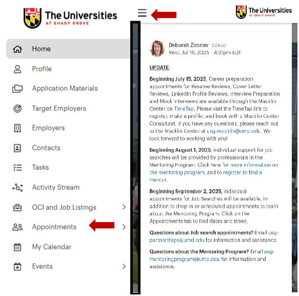 Screenshot of homepage for Career Connector