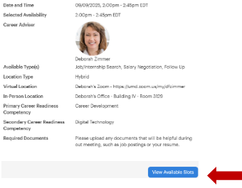 Screenshot for viewing available appointment slots