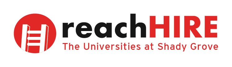 Red circle with white ladder and text that says "reachHIRE The Universities at Shady Grove"