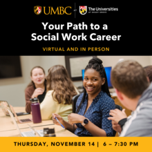 Graphic for your path to a social work career event which includes smiling students conversing in a conference room