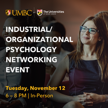 IO Psych Networking Event graphic with image of someone in a purple dress sitting and listening