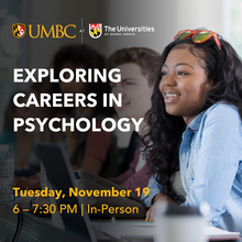 Exploring Careers in Psychology Graphic with photo of student smiling at a table with other students