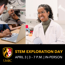 Graphic with image of Student in a lab coat smiling in a lab, a student's hands working on a laptop, and a student tinkering with mechanical engineering lab equiptment