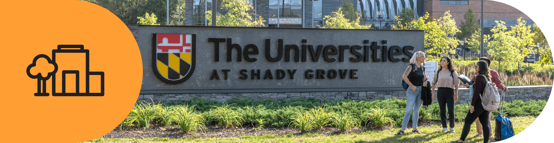 Campus icon and student in front of USG sign