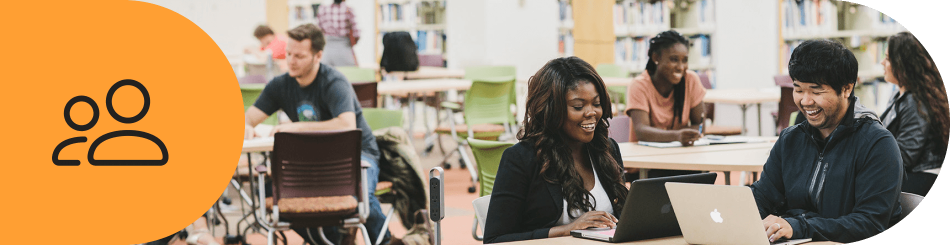 People icon and students in library on laptops