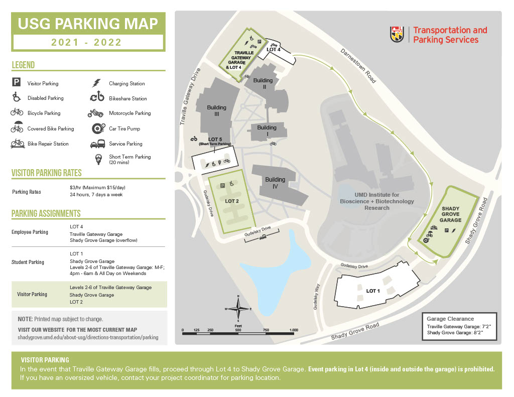 Overhead map of USG's campus including different buildings and parking lot locations.