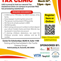 Red white and yellow flyer detailing the USG Tax Clinic listing requirements for registering.