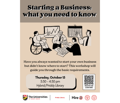 Starting a Business workshop flyer, Oct. 15, 3:30 - 4:30 pm, Hybrid/Priddy Library