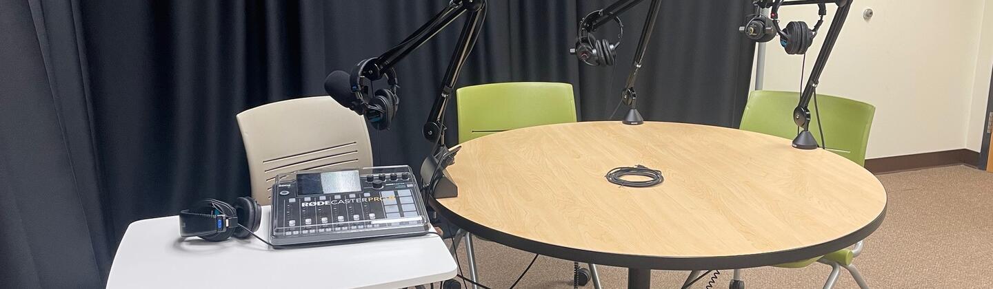 Photo of USG Podcast Studio including layout and equipment