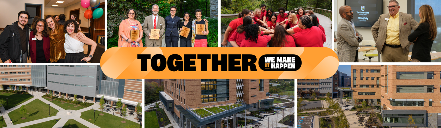 This header image is a collage showing pictures of the campus buildings and various photos of staff engaging with one another and celebrating their accomplishments.