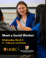 Graphic with photo of person in a blazer talking to two students