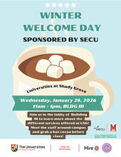 Winter Welcome Day 2026 flyer with blue background and coffee cup identifying the event date of January 28th from 11am to 1pm