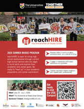 Flyer with the reachHIRE logo, pictures of students holding mascot signs of the institutions at USG, and information about the event