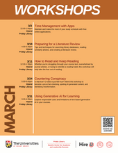 Flyer with list of March Priddy Library and Macklin Center workshops