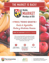 Flyer detailing USG's Mobile Market Mondays available to community members with information in English and Spanish.