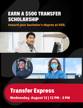 Transfer Express Event Information & images of three students in labs on campus