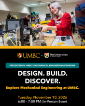 Engineering student working on a device in a lab and a written description of the event.
