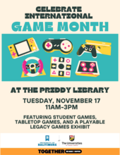 Various video game input devices on a flyer for an International Games Month event at Priddy Library