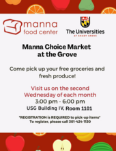 Manna Choice Market event details from location (USG Building IV room 1101) and time (3pm - 6pm).