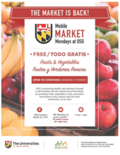 Flyer detailing the USG Mobile Market event details including location (BLDG IV room 1101), occurrence (4th Monday of every month from 11am to 1pm) in English and Spanish. Flyer is surrounded by pictures of fruits.