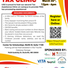 Red white and yellow flyer detailing the USG Tax Clinic listing requirements for registering.