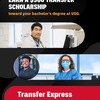 Text that says "Earn a $500 Transfer Scholarship toward your bachelor's degree at USG" with an image of a male student in a medical lab, a male student in an IT workspace, and a female student in a science lab.