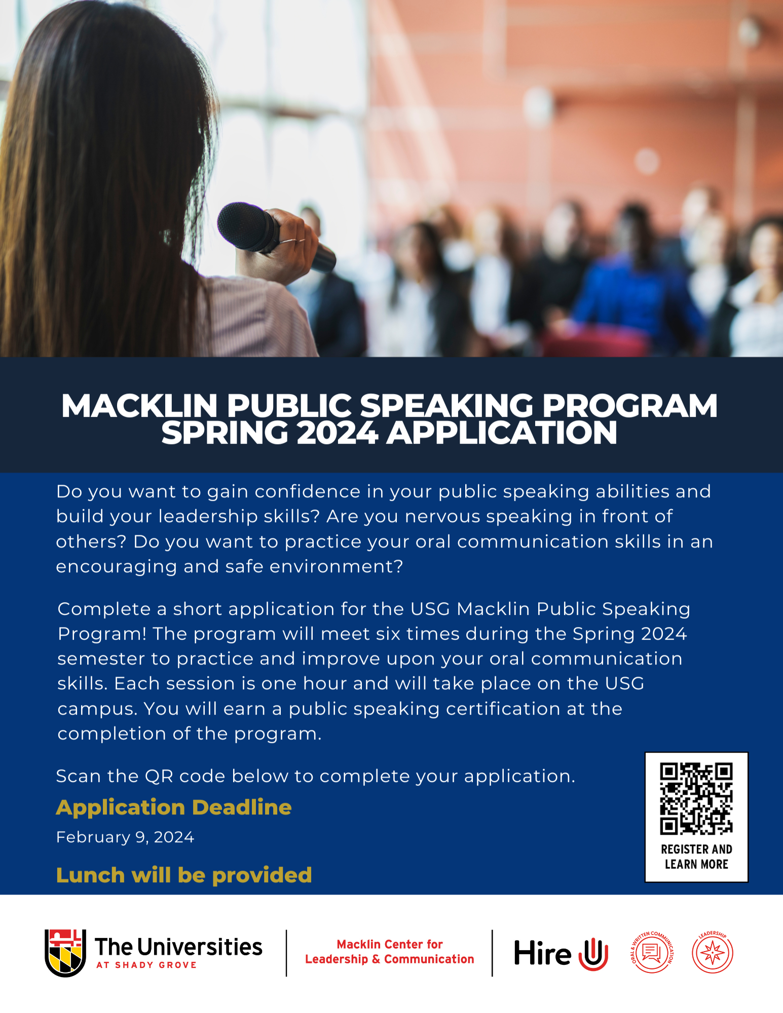 Macklin Center Public Speaking Program Spring 2024 Application Flyer